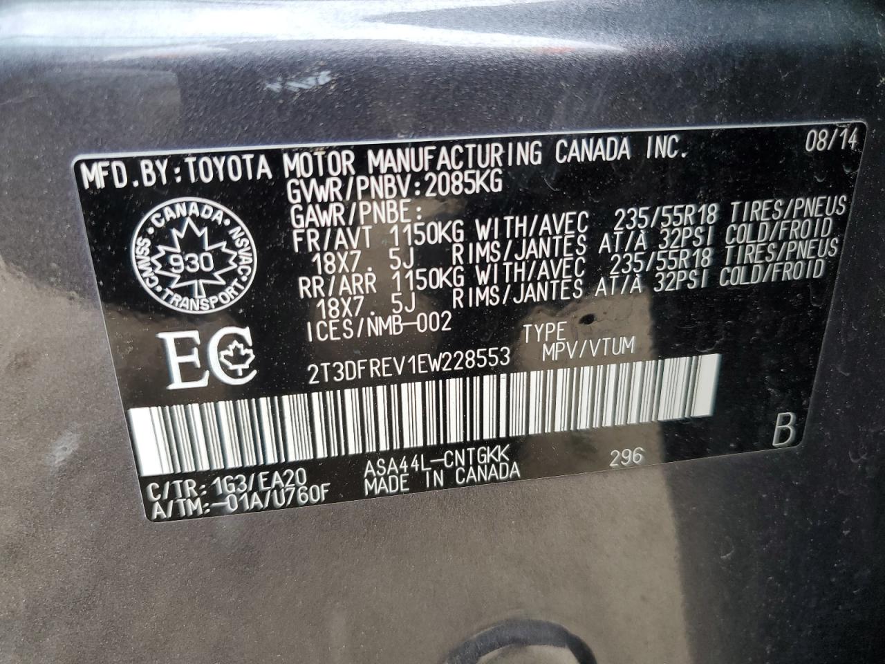 2014 Toyota Rav4 Limited VIN: 2T3DFREV1EW228553 Lot: 85130195