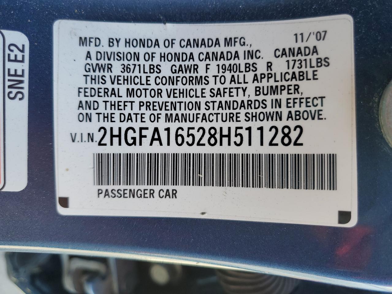 2008 Honda Civic Lx VIN: 2HGFA16528H511282 Lot: 89554825