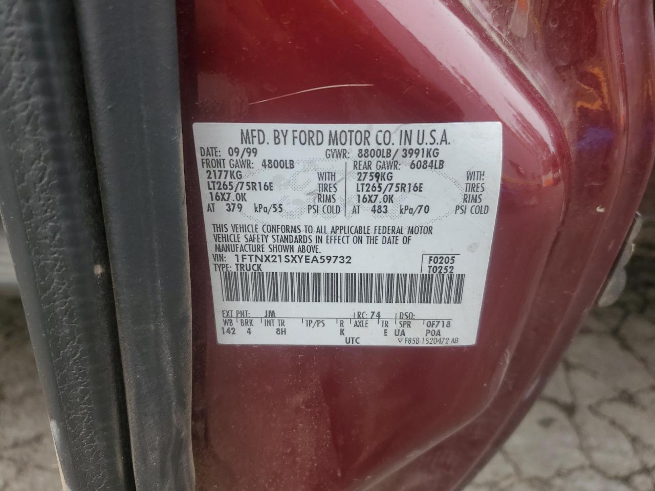 2000 Ford F250 Super Duty VIN: 1FTNX21SXYEA59732 Lot: 91124315