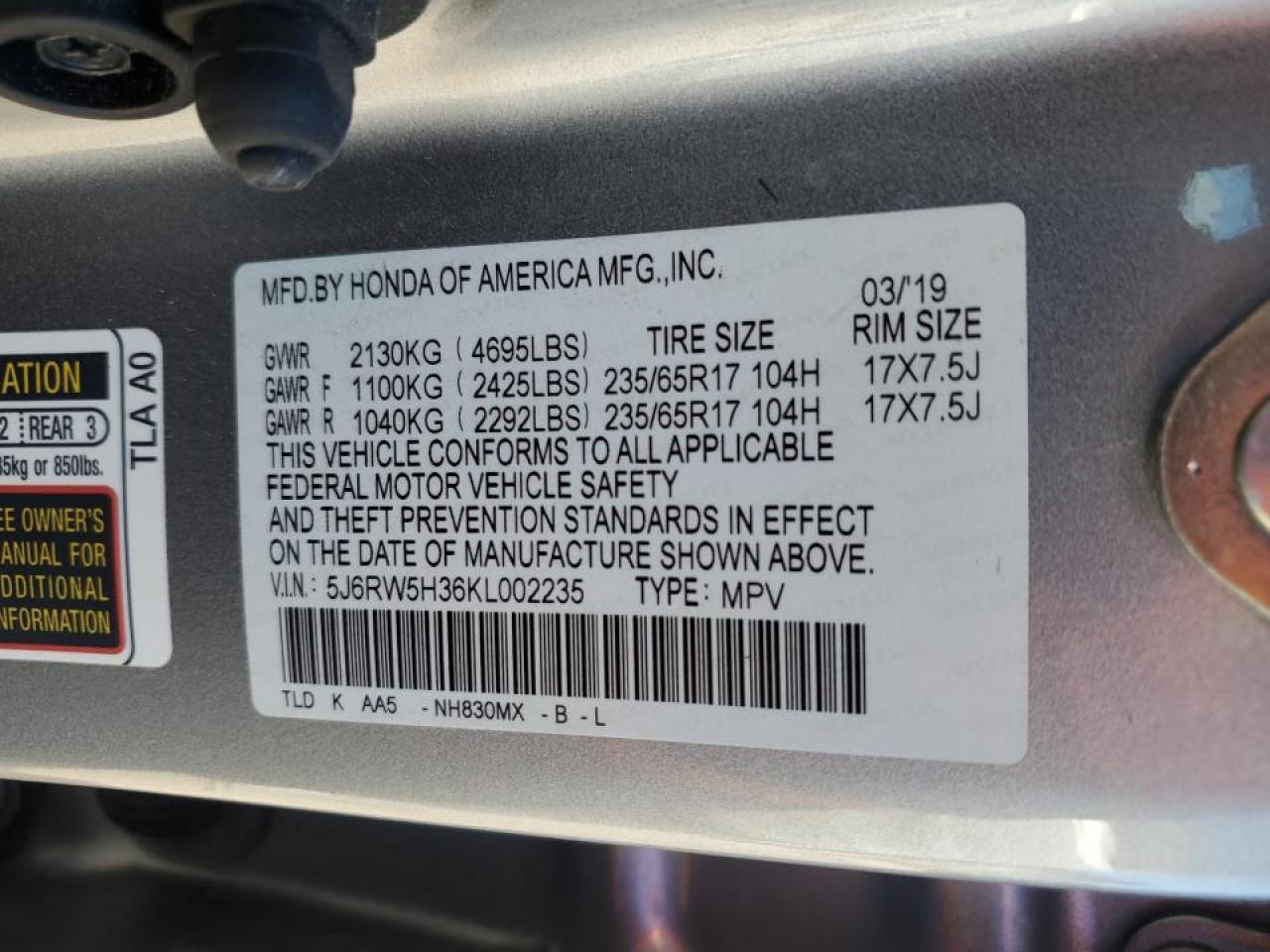 2019 Honda Cr-V Lx VIN: 5J6RW5H36KL002235 Lot: 82718275