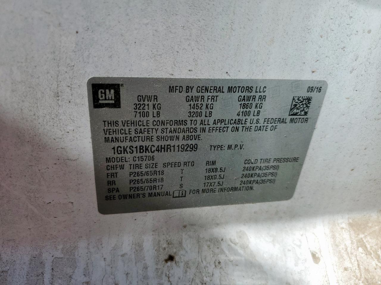 2017 GMC Yukon Slt VIN: 1GKS1BKC4HR119299 Lot: 90407825