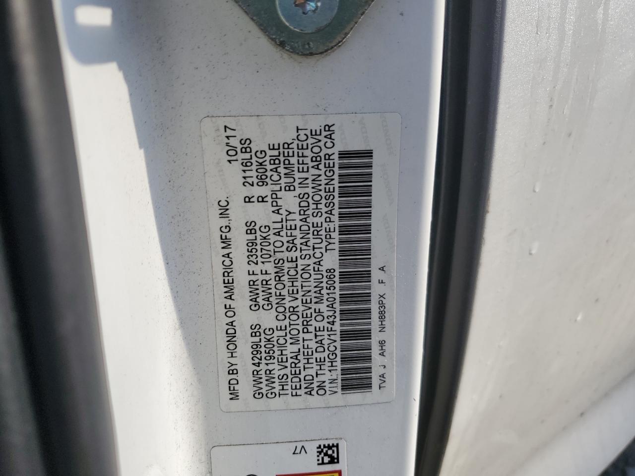 2018 Honda Accord Ex VIN: 1HGCV1F43JA015068 Lot: 84895535