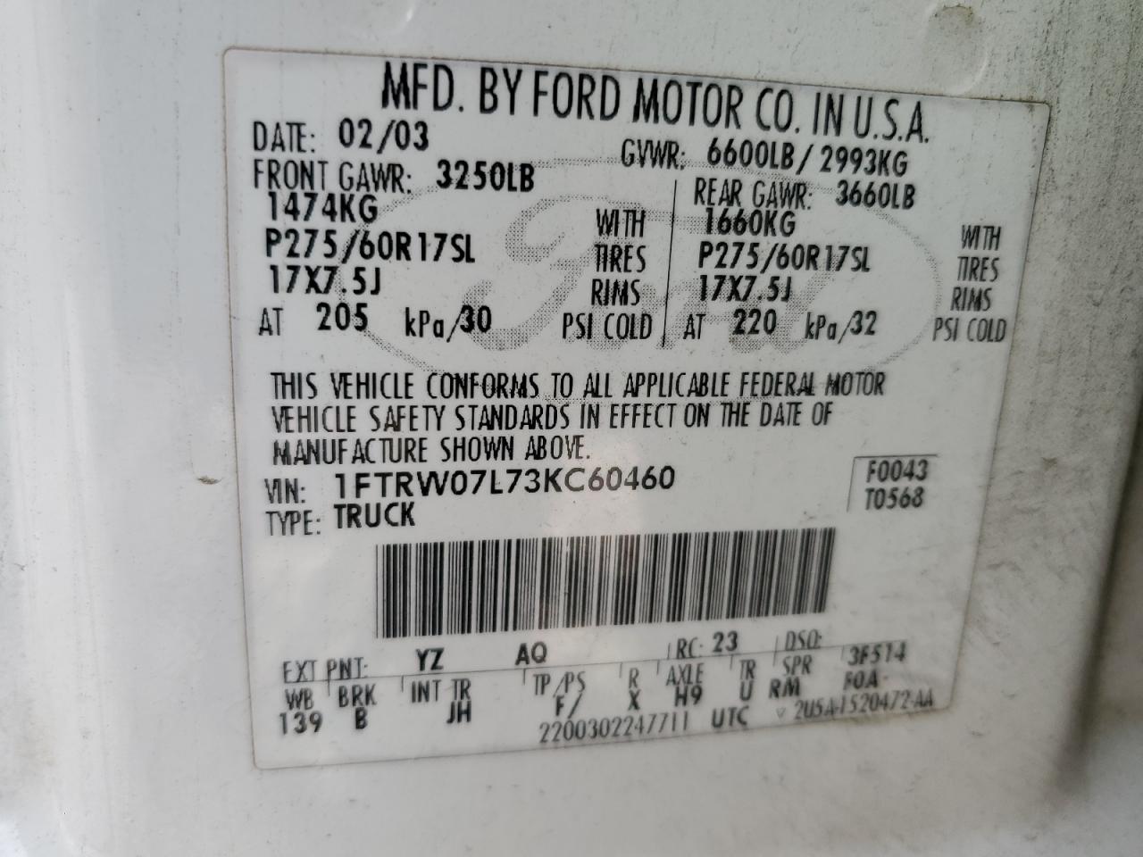 2003 Ford F150 Supercrew VIN: 1FTRW07L73KC60460 Lot: 90092405