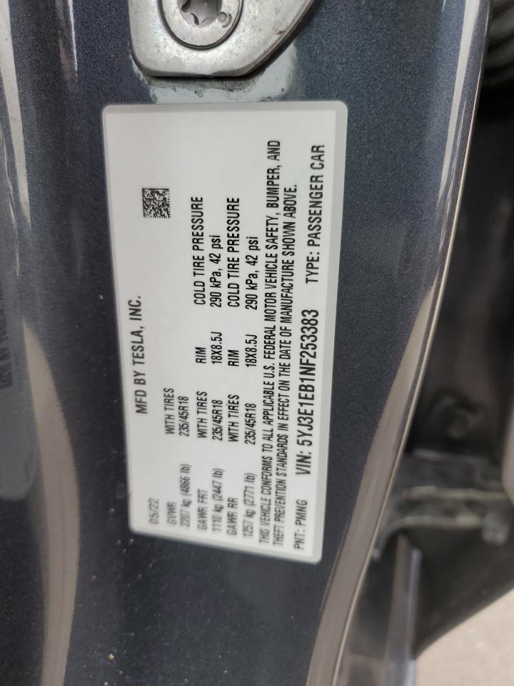 2022 Tesla Model 3 VIN: 5YJ3E1EB1NF253383 Lot: 82431875