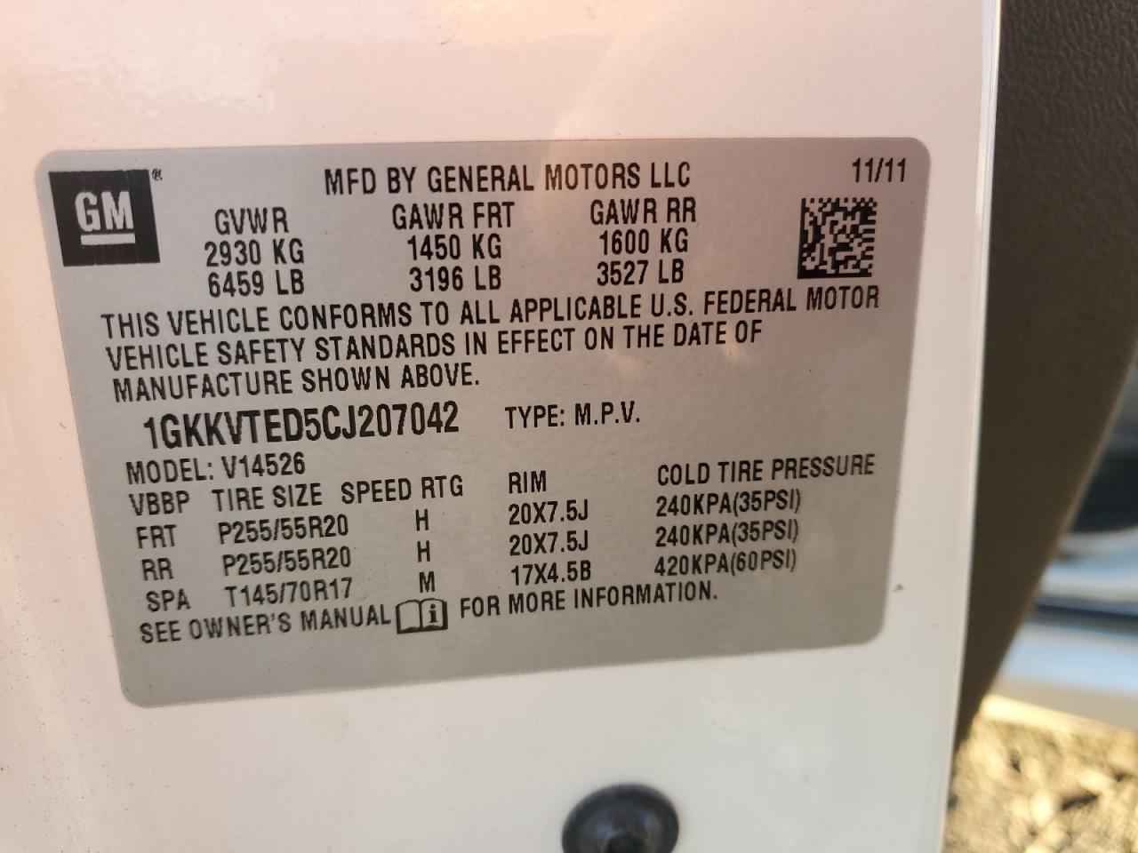 2012 GMC Acadia Denali VIN: 1GKKVTED5CJ207042 Lot: 82221925