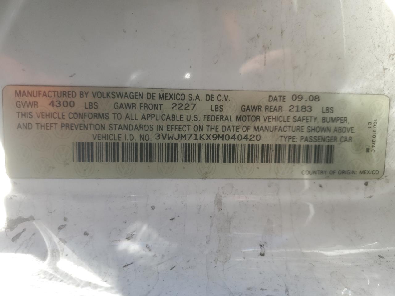 2009 Volkswagen Jetta S VIN: 3VWJM71KX9M040420 Lot: 84764675