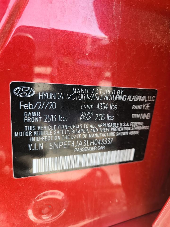 2020 Hyundai Sonata Sel VIN: 5NPEF4JA3LH043337 Lot: 85270295