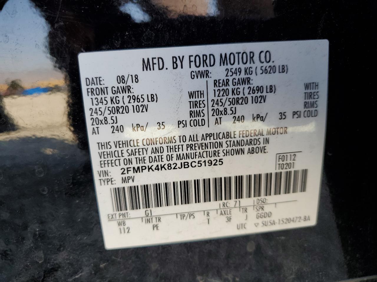 2018 Ford Edge Titanium VIN: 2FMPK4K82JBC51925 Lot: 82310305