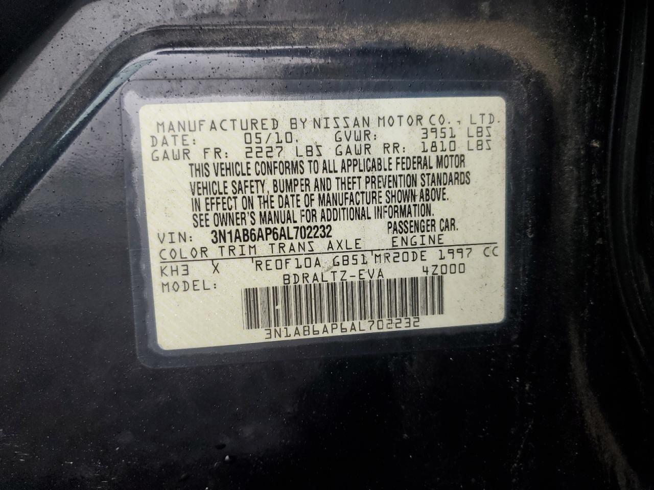 2010 Nissan Sentra 2.0 VIN: 3N1AB6AP6AL702232 Lot: 82262675