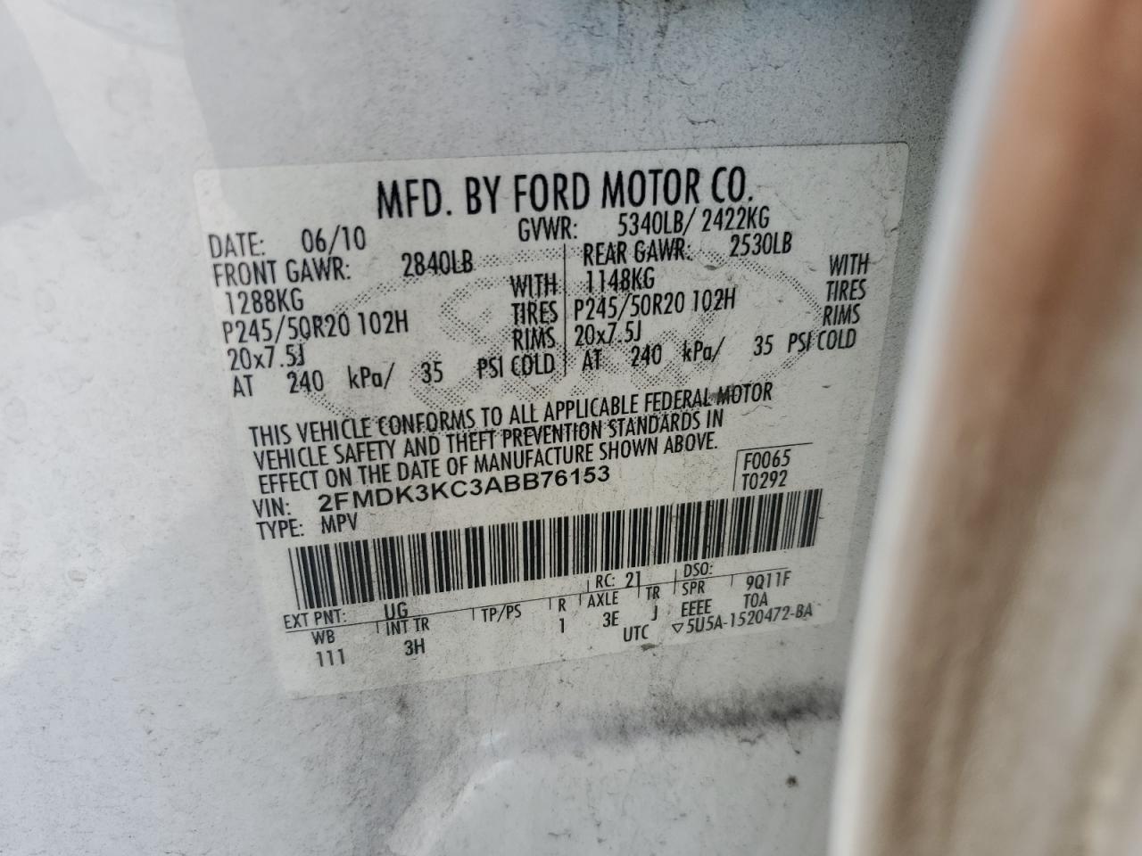 2010 Ford Edge Limited VIN: 2FMDK3KC3ABB76153 Lot: 82278565