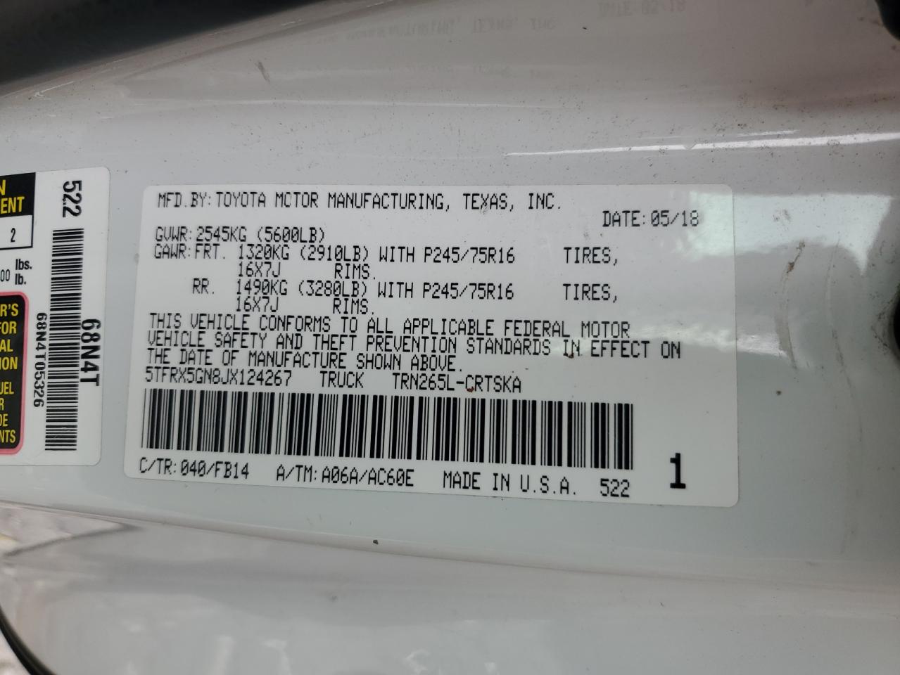 2018 Toyota Tacoma Access Cab VIN: 5TFRX5GN8JX124267 Lot: 86237395