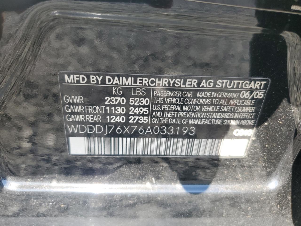 2006 Mercedes-Benz Cls 55 Amg VIN: WDDDJ76X76A033193 Lot: 87290145