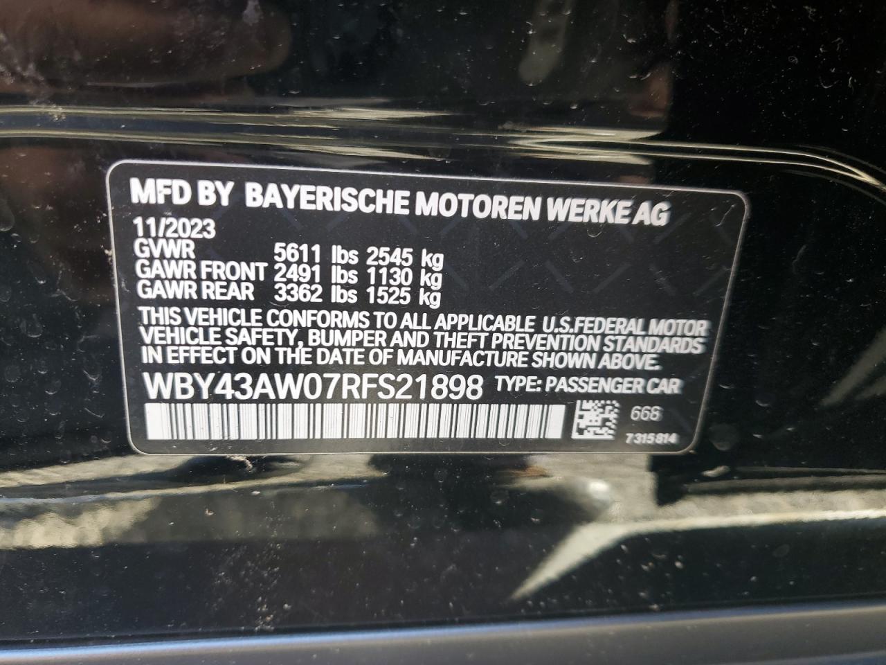 2024 BMW I4 Edrive 35 VIN: WBY43AW07RFS21898 Lot: 90138575