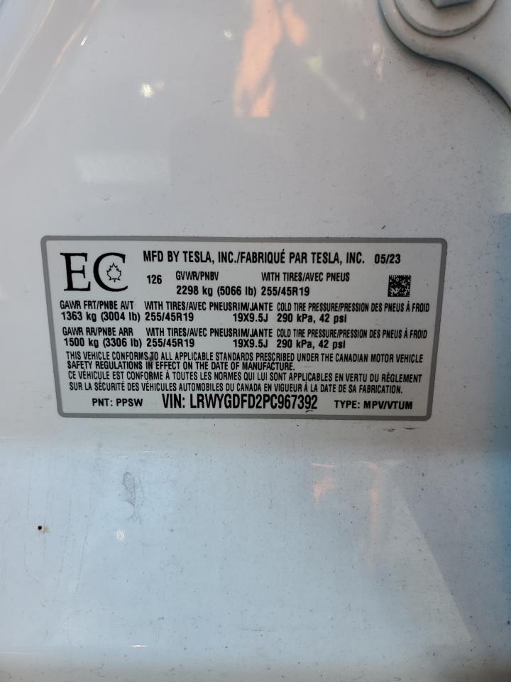 2023 Tesla Model Y VIN: LRWYGDFD2PC967392 Lot: 85304095