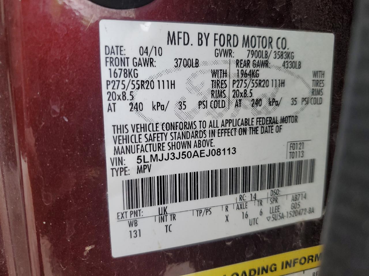 2010 Lincoln Navigator L VIN: 5LMJJ3J50AEJ08113 Lot: 81996625