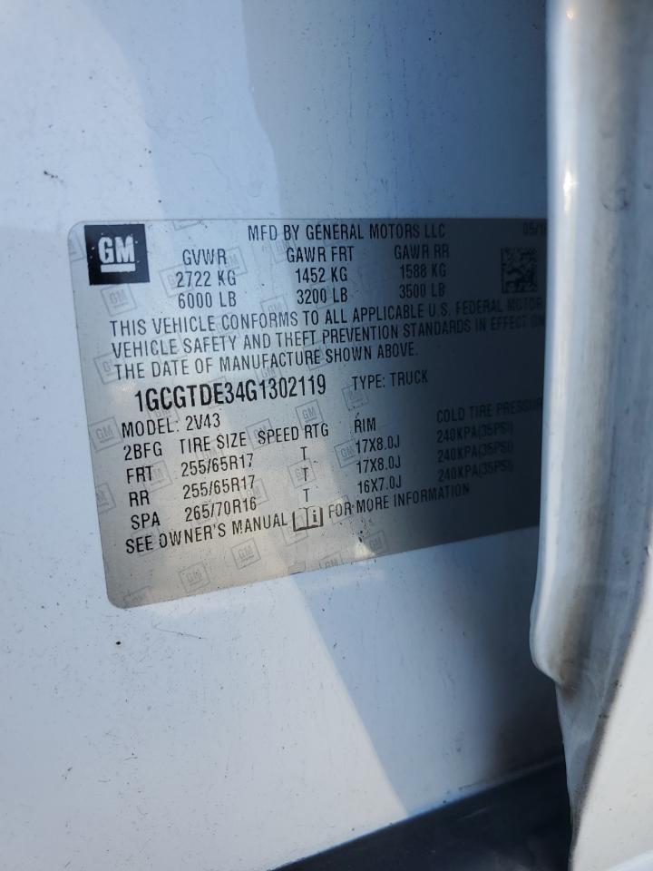 2016 Chevrolet Colorado Z71 VIN: 1GCGTDE34G1302119 Lot: 82358095