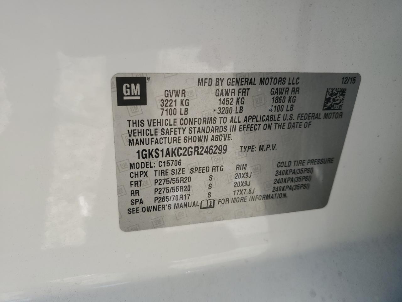 2016 GMC Yukon Sle VIN: 1GKS1AKC2GR246299 Lot: 86476845