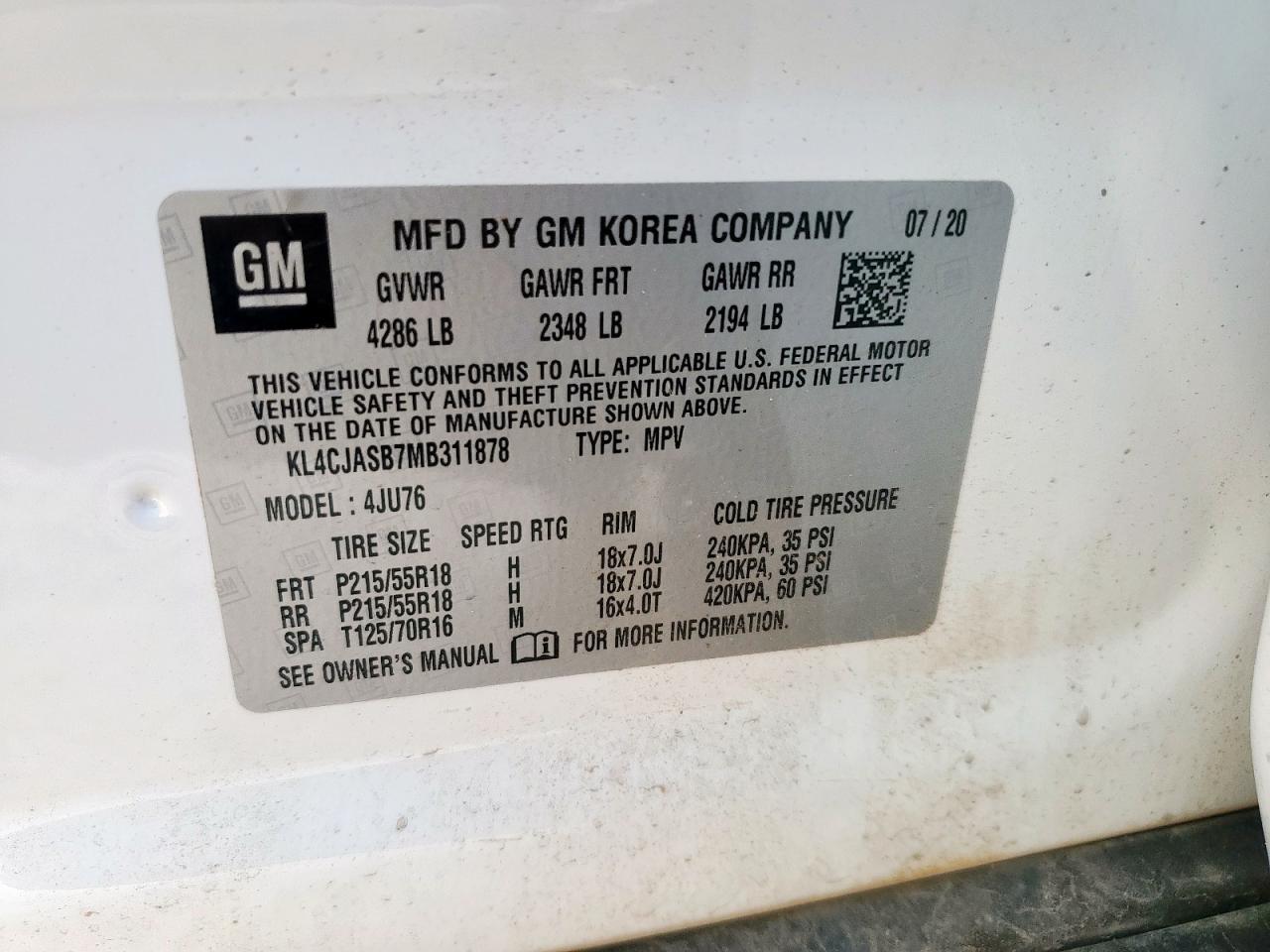 2021 Buick Encore Preferred VIN: KL4CJASB7MB311878 Lot: 85845115