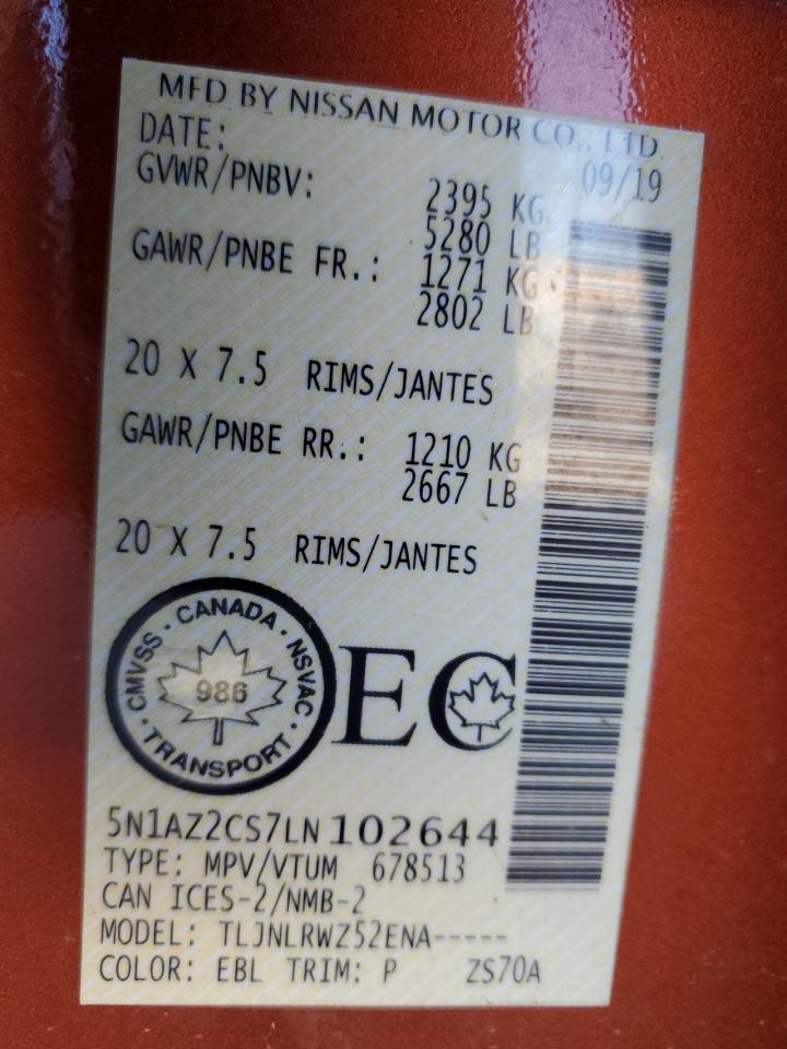 2020 Nissan Murano Sl VIN: 5N1AZ2CS7LN102644 Lot: 89898445