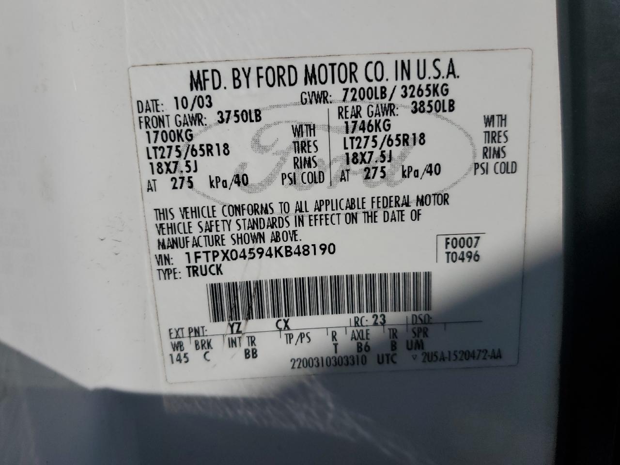 2004 Ford F150 VIN: 1FTPX04594KB48190 Lot: 85731675