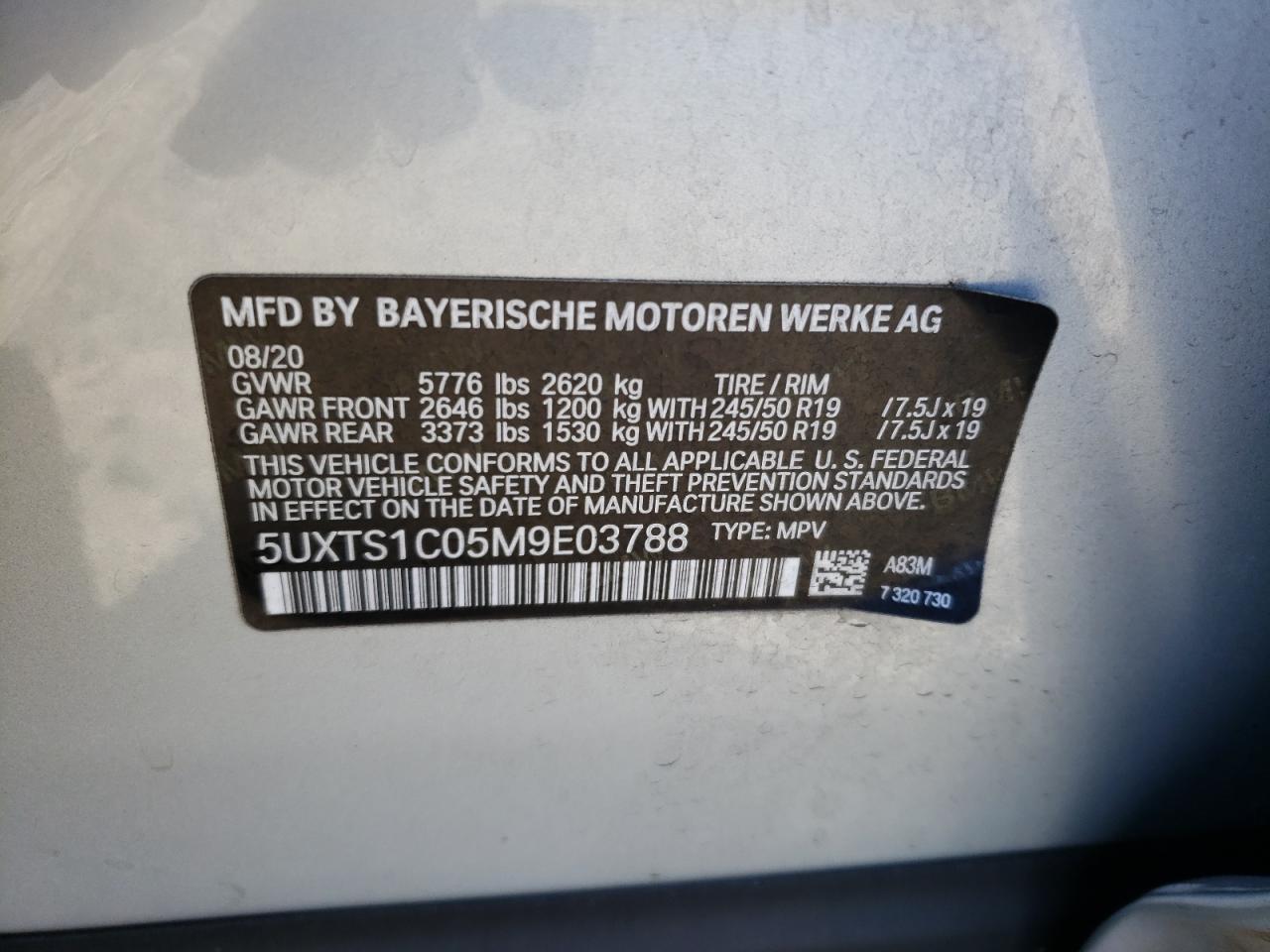 2021 BMW X3 xDrive30E VIN: 5UXTS1C05M9E03788 Lot: 86158535