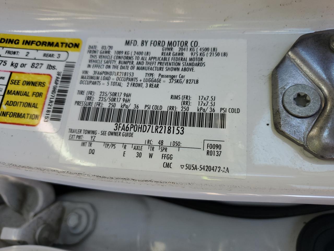 2020 Ford Fusion Se VIN: 3FA6P0HD7LR218153 Lot: 87370405