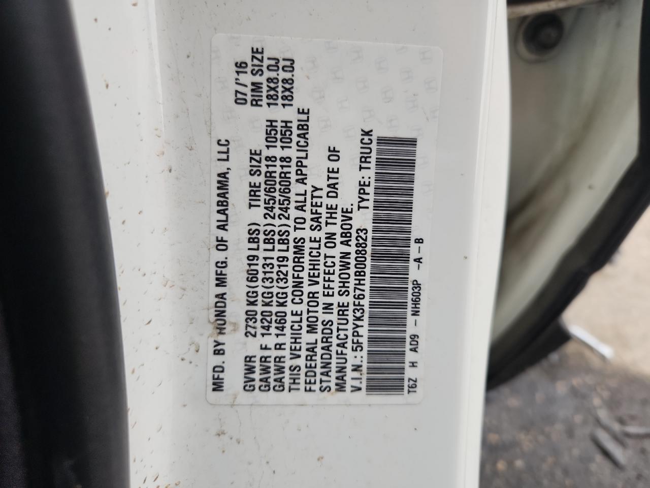 2017 Honda Ridgeline Rtl VIN: 5FPYK3F67HB008823 Lot: 90622085