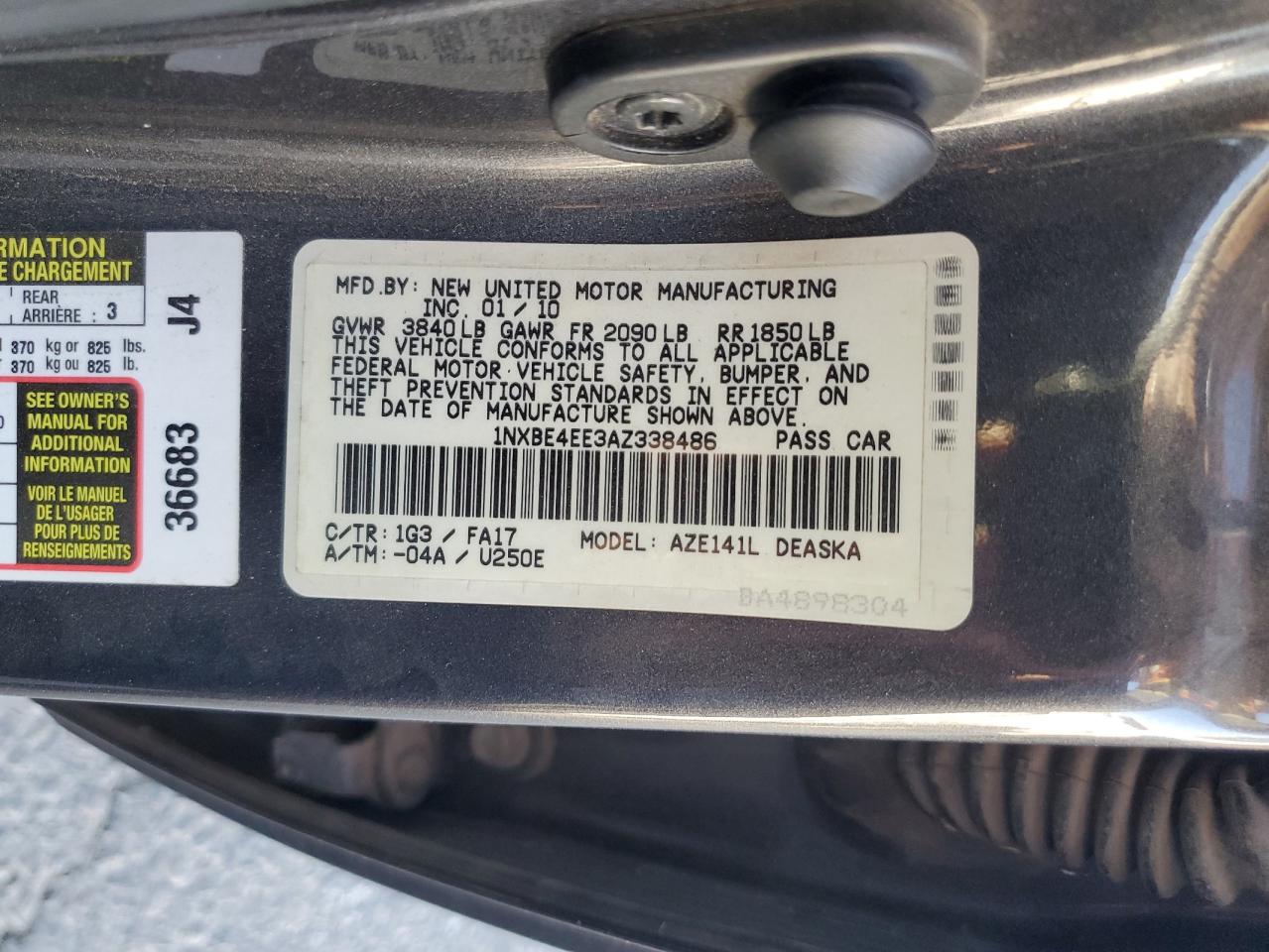 2010 Toyota Corolla Xrs VIN: 1NXBE4EE3AZ338486 Lot: 85389265
