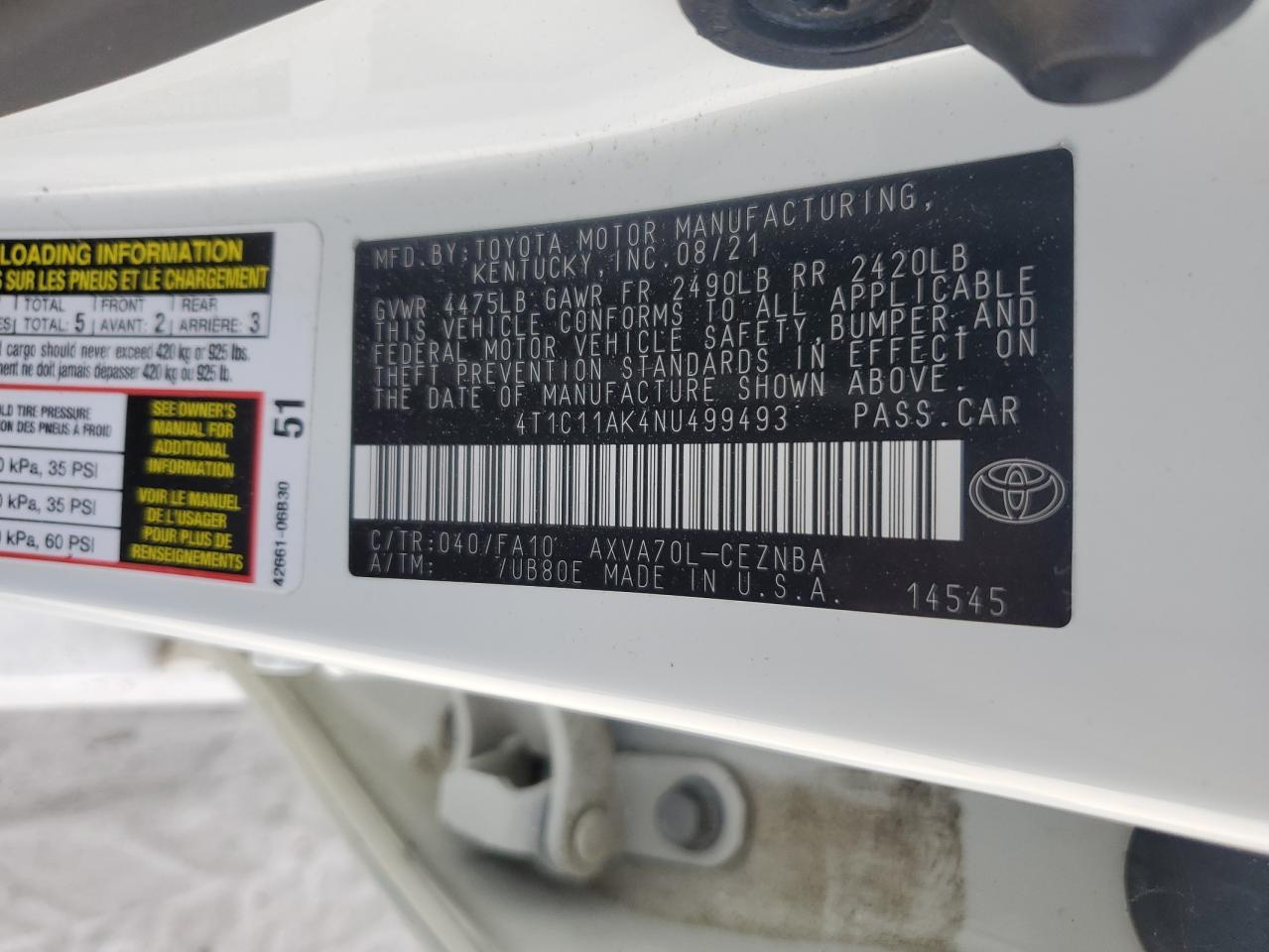 2022 Toyota Camry Le VIN: 4T1C11AK4NU499493 Lot: 82254335
