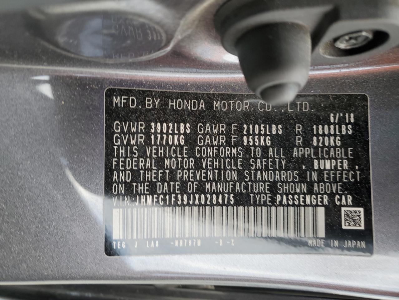 2018 Honda Civic Ex VIN: JHMFC1F39JX028475 Lot: 86174585