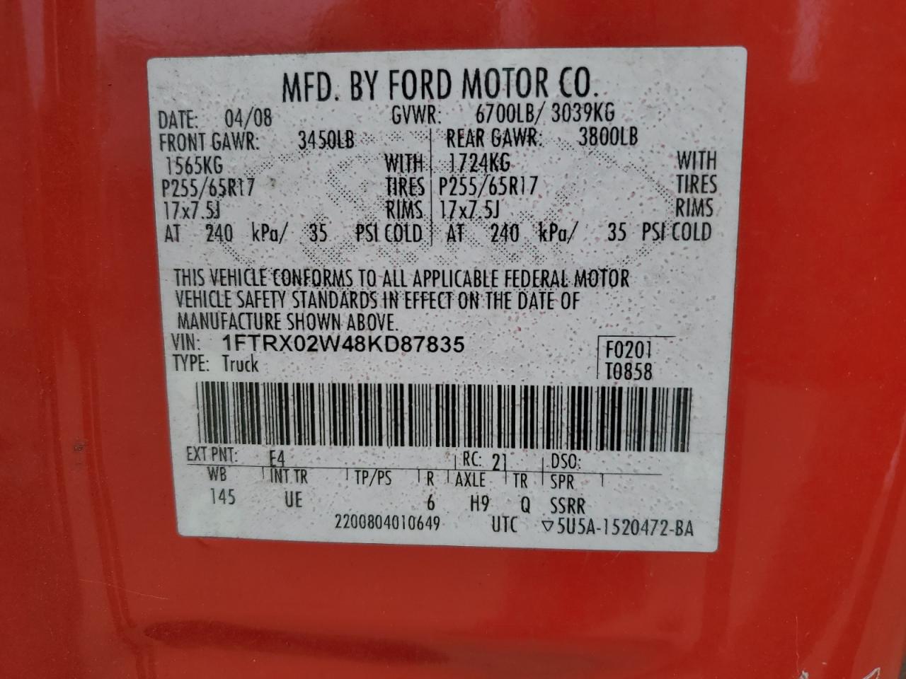 2008 Ford F150 VIN: 1FTRX02W48KD87835 Lot: 85826745