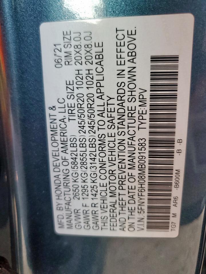 2021 Honda Pilot Elite VIN: 5FNYF6H08MB091583 Lot: 84876205
