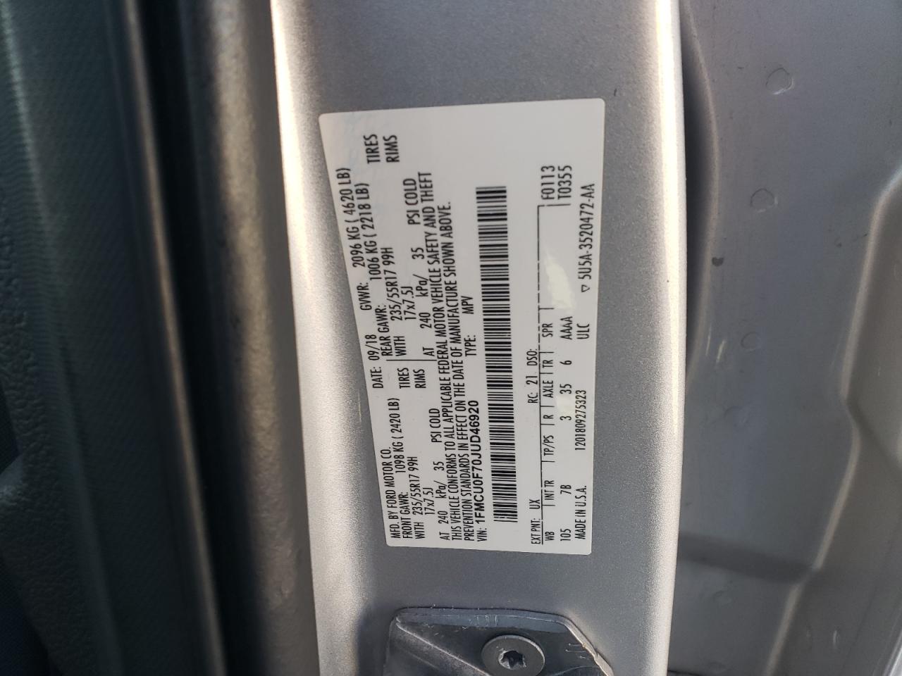 2018 Ford Escape S VIN: 1FMCU0F70JUD46920 Lot: 90451885