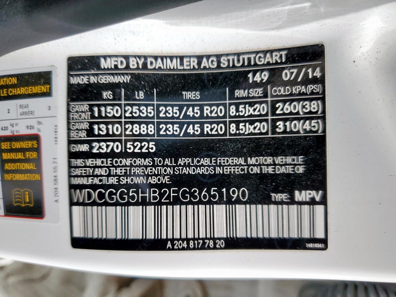2015 Mercedes-Benz Glk 350 VIN: WDCGG5HB2FG365190 Lot: 82252165