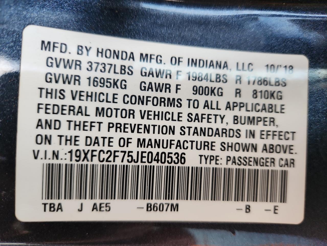 2018 Honda Civic Ex VIN: 19XFC2F75JE040536 Lot: 81973735