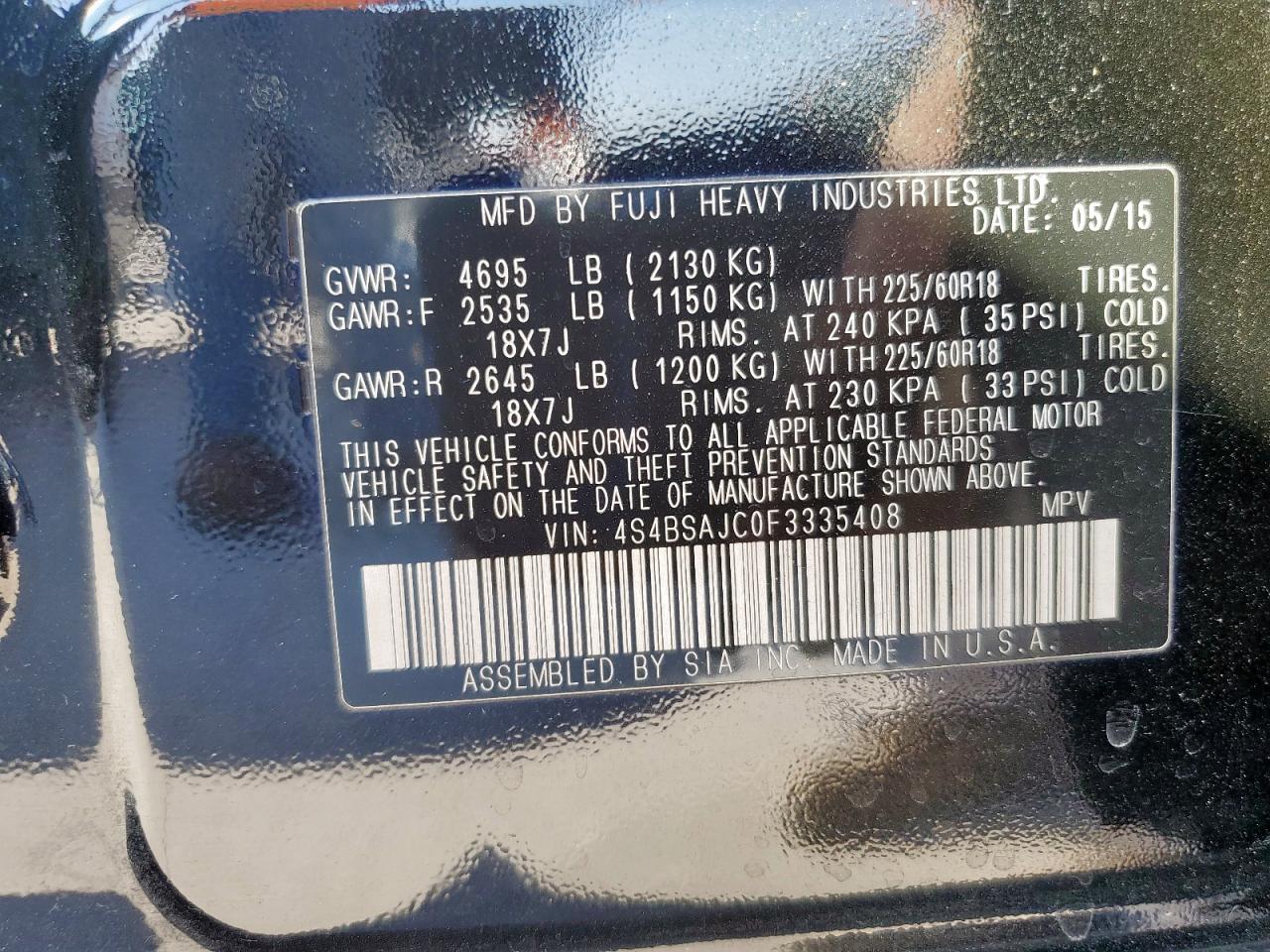 2015 Subaru Outback 2.5I Limited VIN: 4S4BSAJC0F3335408 Lot: 85885885