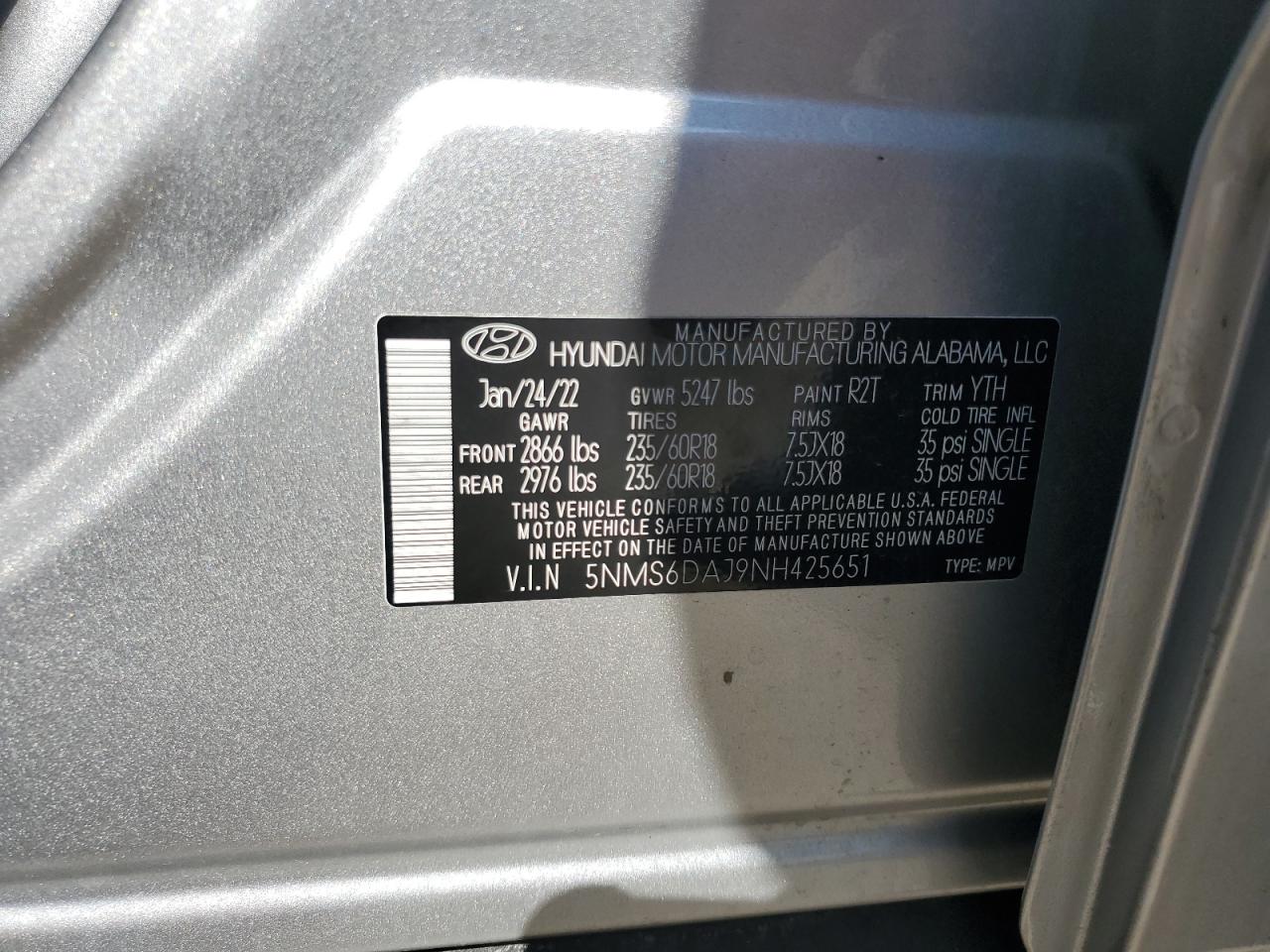 2022 Hyundai Santa Fe Sel VIN: 5NMS6DAJ9NH425651 Lot: 82328825