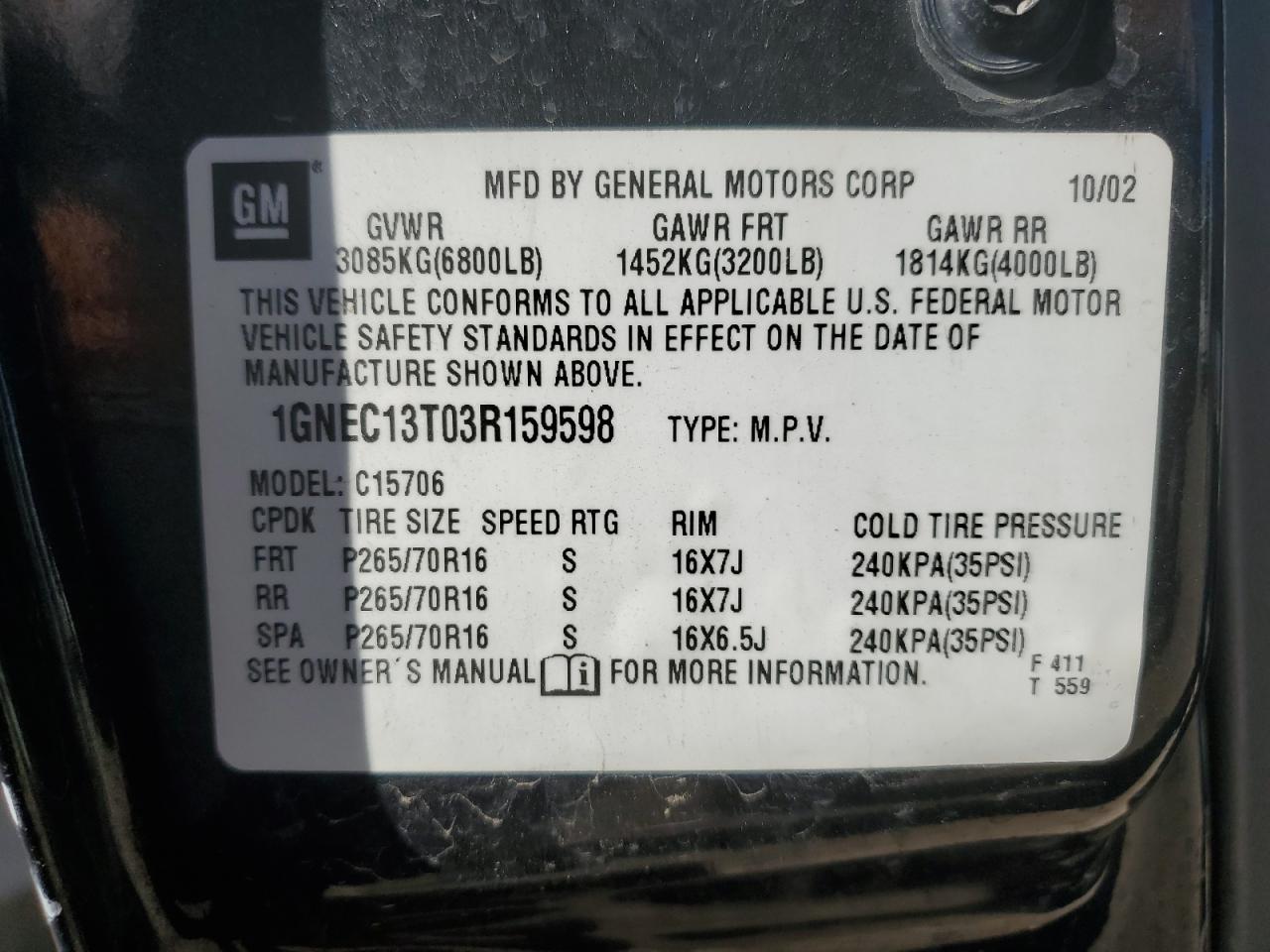 2003 Chevrolet Tahoe C1500 VIN: 1GNEC13T03R159598 Lot: 90467575