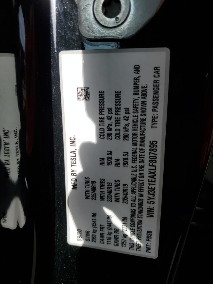 2020 Tesla Model 3 VIN: 5YJ3E1EAXLF807895 Lot: 82421155