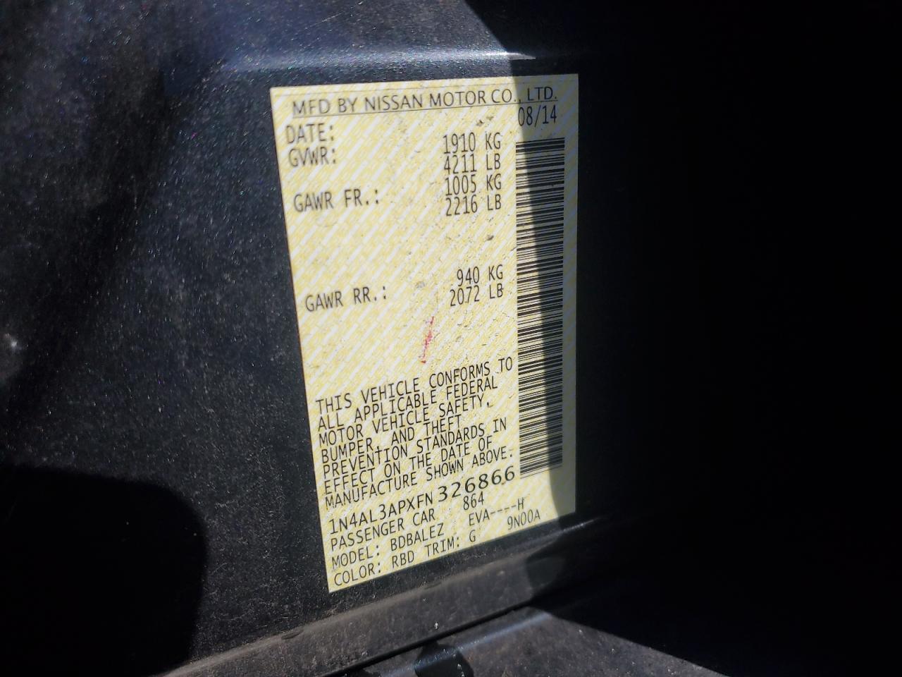 2015 Nissan Altima 2.5 VIN: 1N4AL3APXFN326866 Lot: 90369235