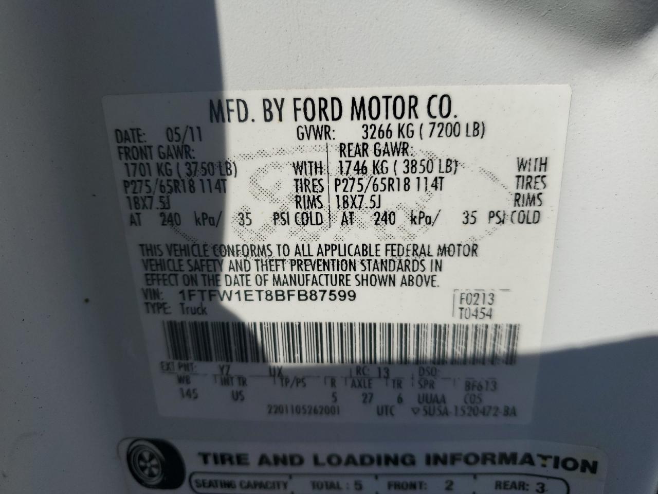 2011 Ford F150 Supercrew VIN: 1FTFW1ET8BFB87599 Lot: 84726585