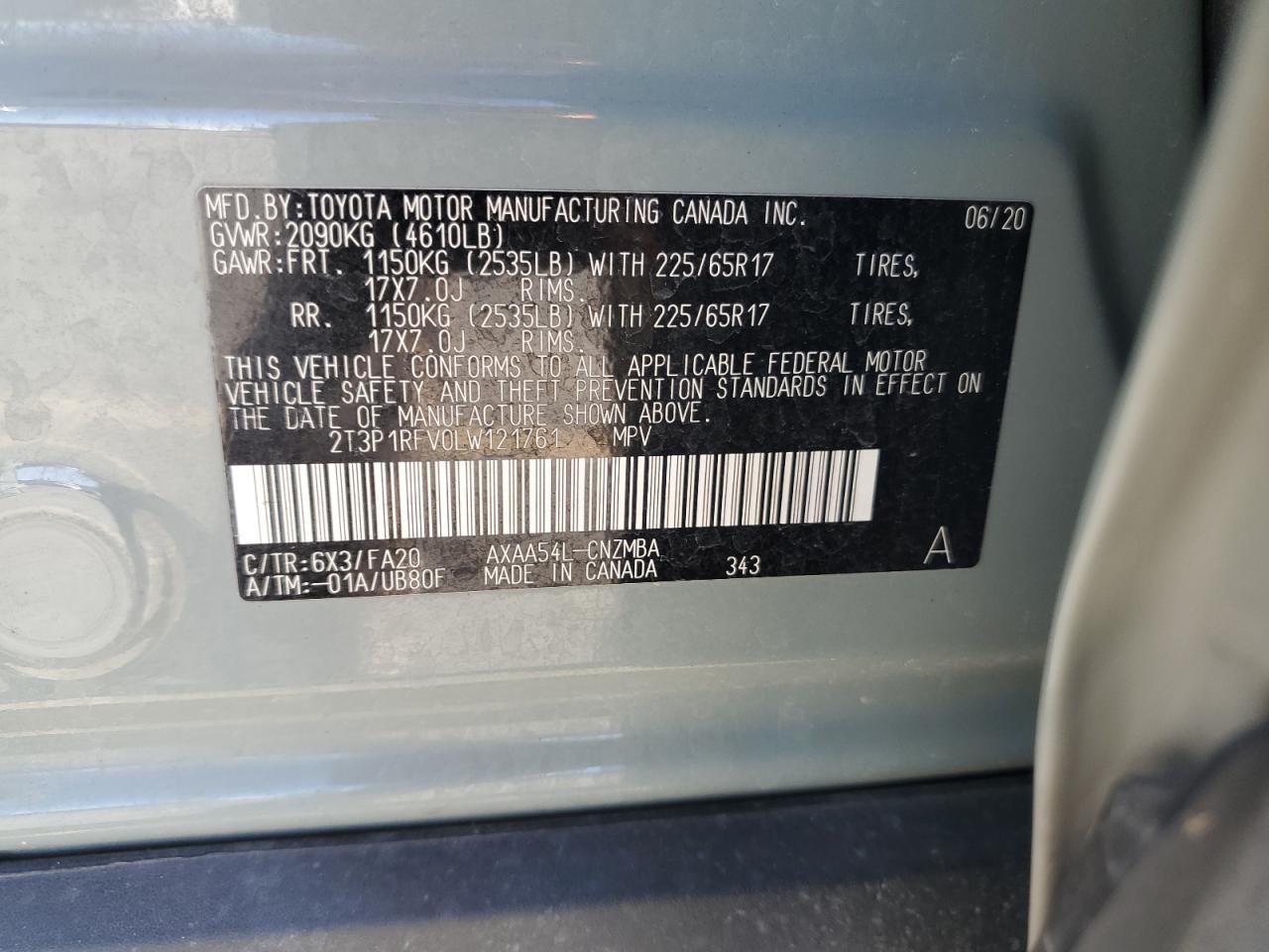2020 Toyota Rav4 Xle VIN: 2T3P1RFV0LW121761 Lot: 82365605