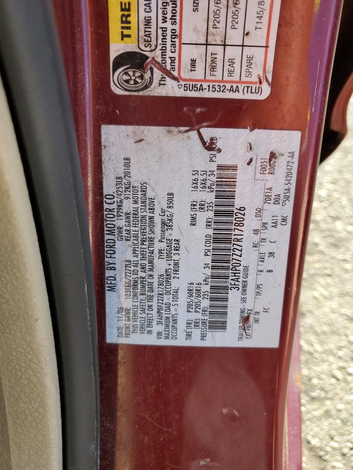 2007 Ford Fusion Se VIN: 3FAHP07Z27R178026 Lot: 86041165