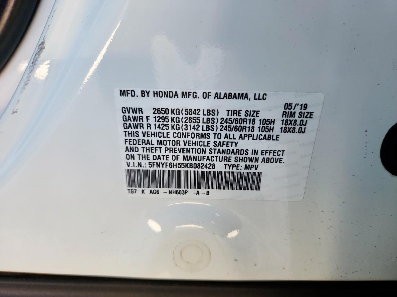 2019 Honda Pilot Exl VIN: 5FNYF6H55KB082428 Lot: 90054655