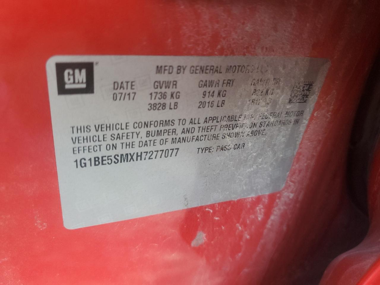 2017 Chevrolet Cruze Lt VIN: 1G1BE5SMXH7277077 Lot: 84987515