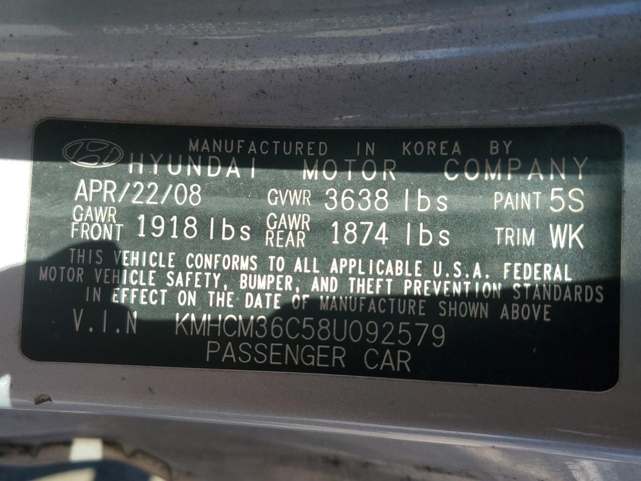 2008 Hyundai Accent Gs VIN: KMHCM36C58U092579 Lot: 84962905