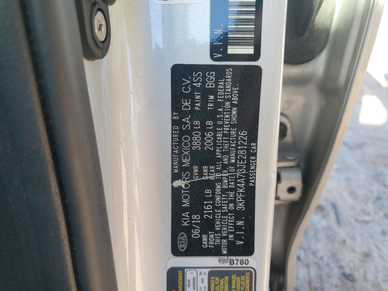 2018 Kia Forte Lx VIN: 3KPFK4A73JE281226 Lot: 89692205