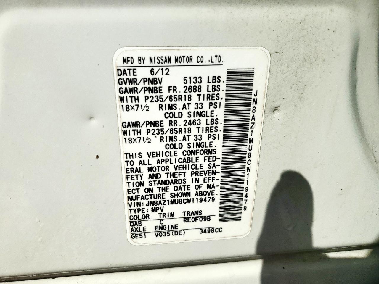 2012 Nissan Murano S VIN: JN8AZ1MU8CW119479 Lot: 84566965