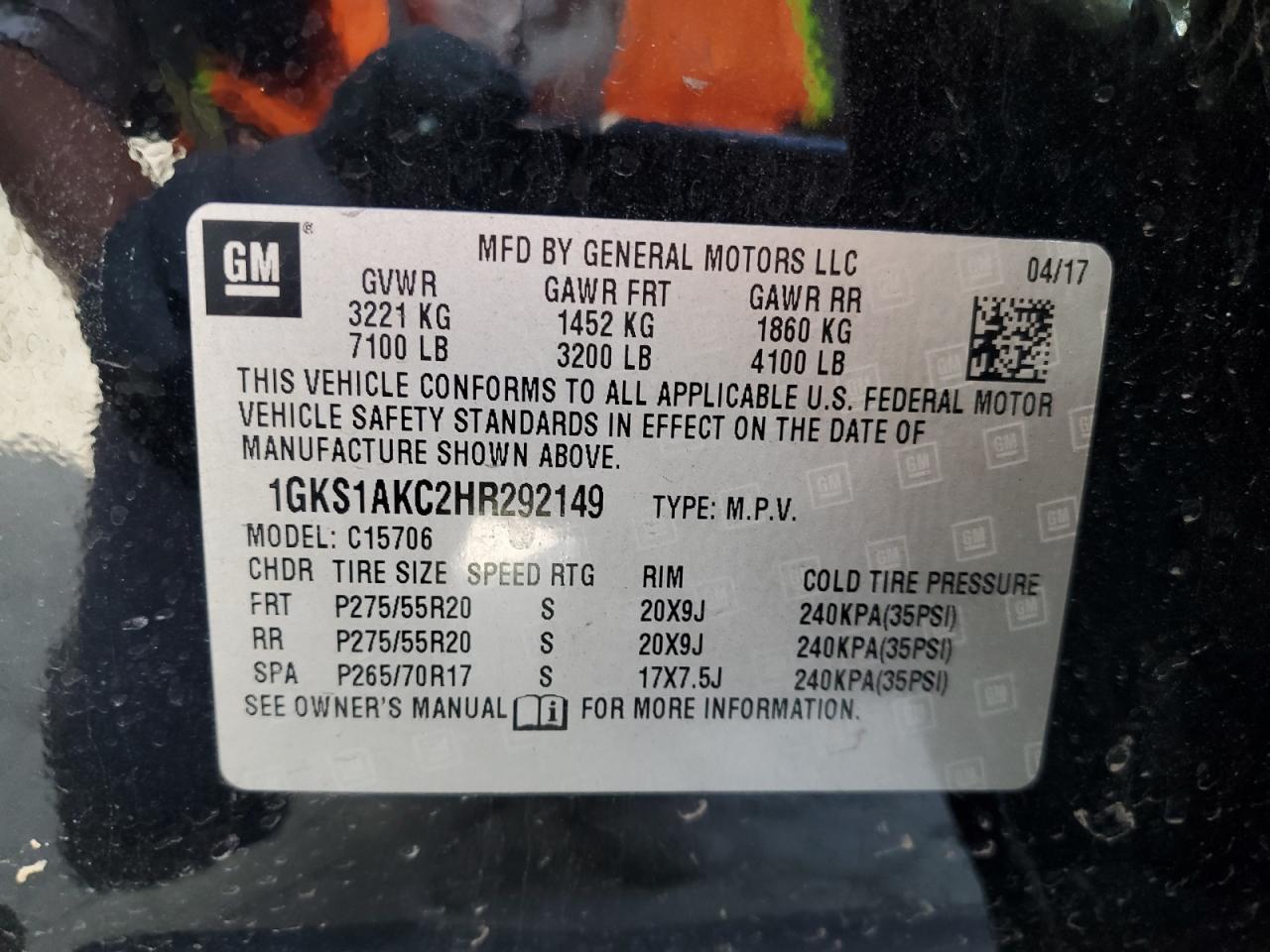 2017 GMC Yukon Sle VIN: 1GKS1AKC2HR292149 Lot: 82638605