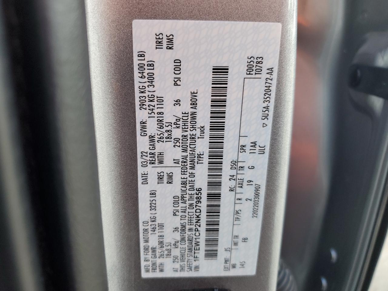 2022 Ford F150 Supercrew VIN: 1FTEW1CP2NKD79856 Lot: 85850495